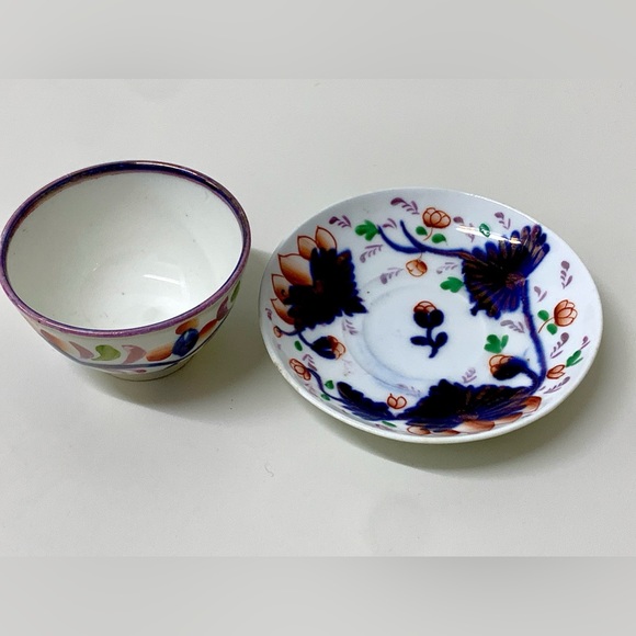 19th Century Antique Gaudy Welsh Grape Pattern Miniature Handleless Cup & Saucer - Picture 11 of 16